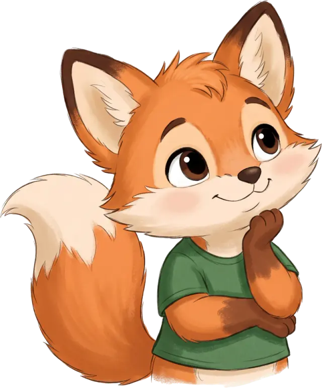 Fox mascot resting its chin on its hand, dreaming up a story