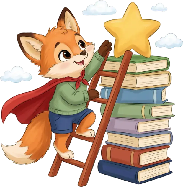 Mama and Me fox mascot holding a storybook